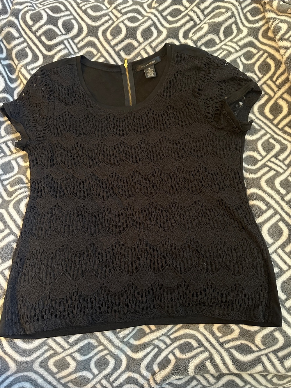 Worthington Black Crochet Short Sleeve Blouse XL